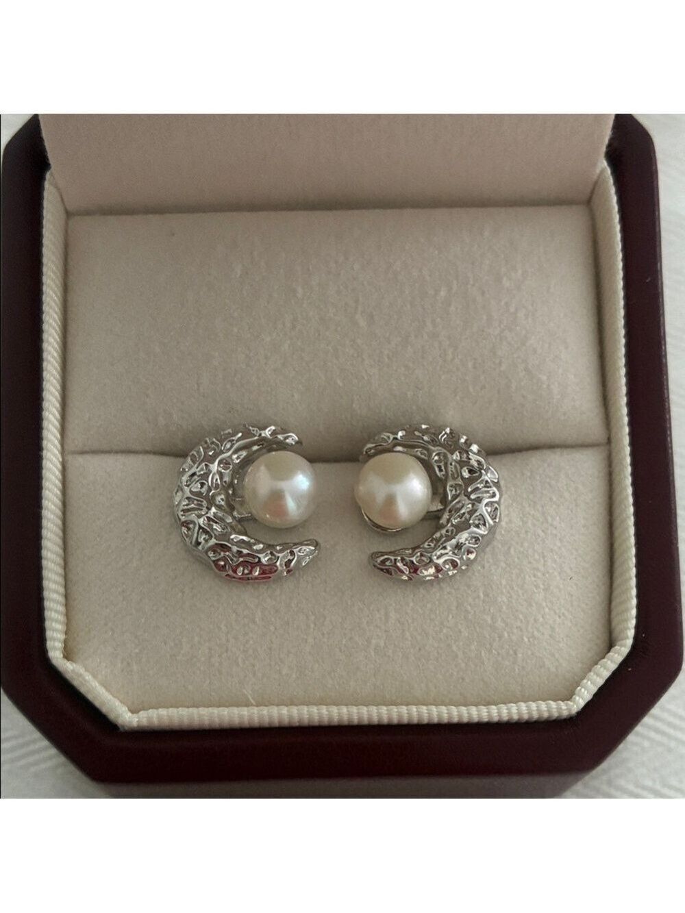 Silver Crescent Pearl Earrings | Sterling Silver Posts | Holiday Gift for Her